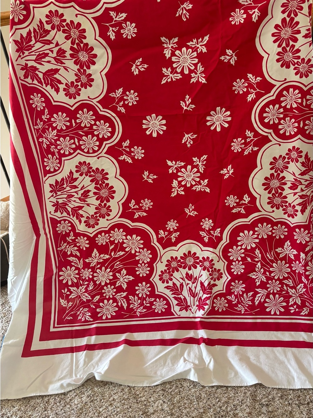 Vintage Red and White Floral Tablecloth